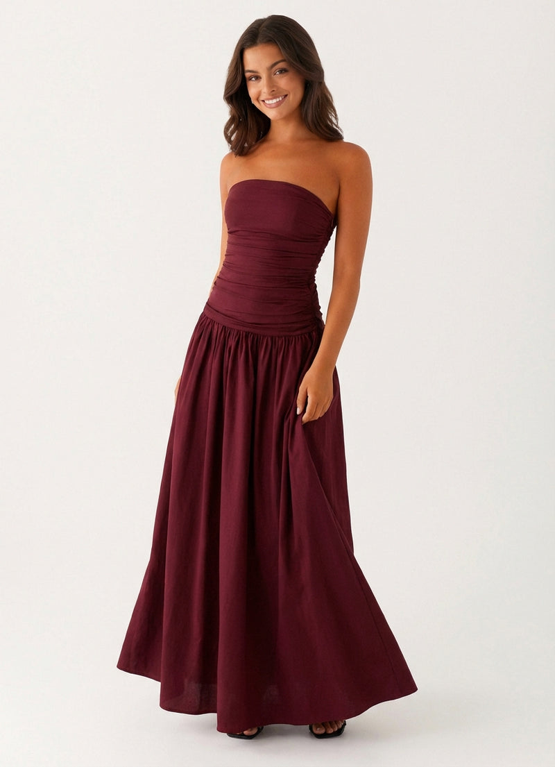 Strapless Maxi Dress-dresses > maxi dress-Laventaire-Burgundy-S-Laventaire