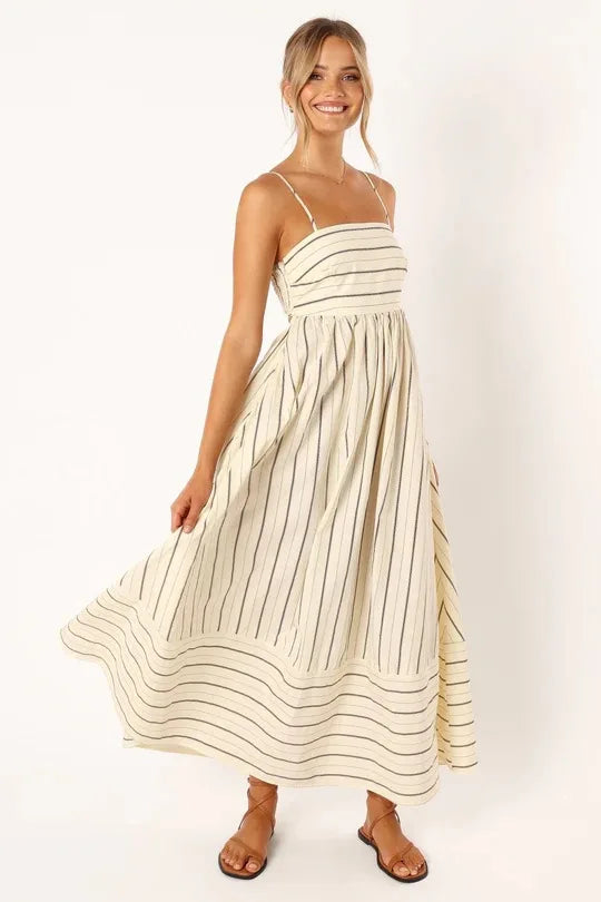 Striped Midi Dress-dresses > midi dress-Laventaire-Beige-S-Laventaire