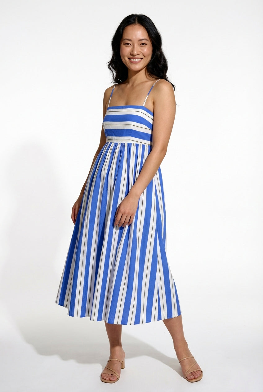 Women's Striped Spaghetti Strap Gathered Skirt Flowy Lightweight Midi Dress – Laventaire