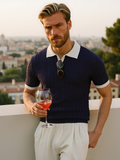 Structured Knit Polo Shirt-shirts > polo shirts-Laventaire-Navy Blue-S-Laventaire