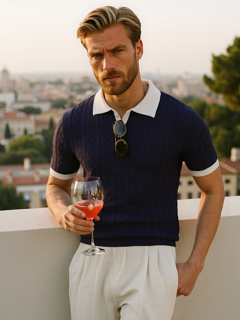 Structured Knit Polo Shirt-shirts > polo shirts-Laventaire-Navy Blue-S-Laventaire