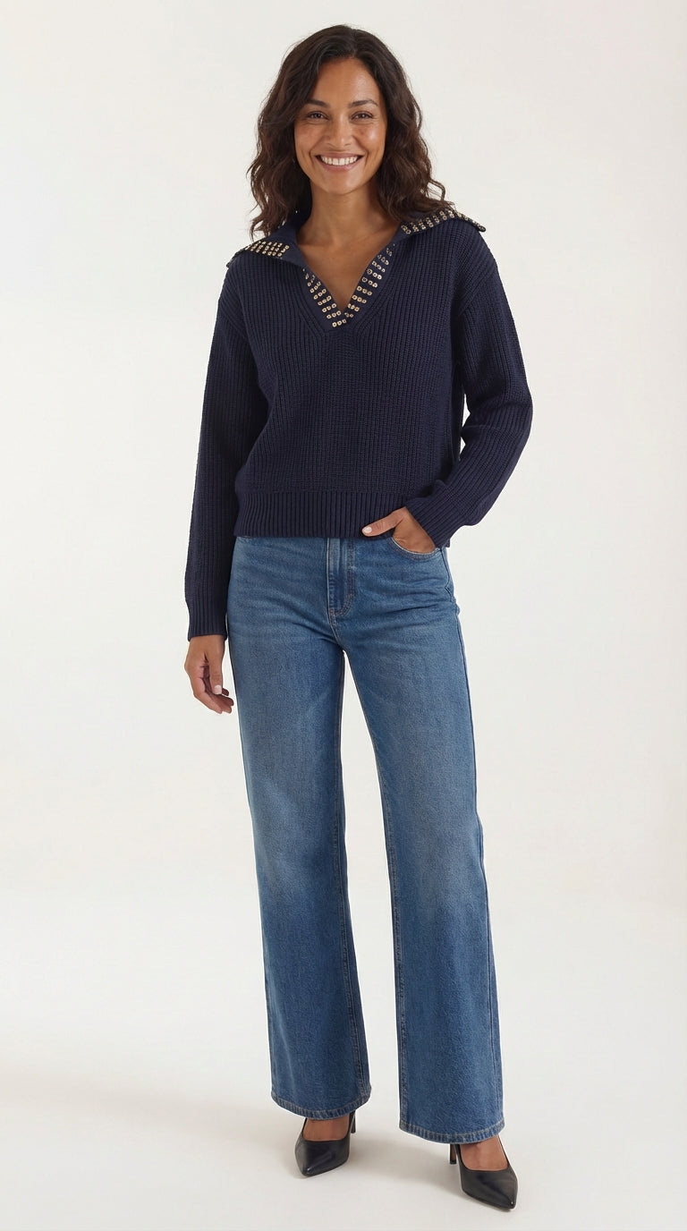 Studded V-Neck Sweater-sweaters > v-neck sweater-Laventaire-Laventaire