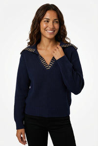Studded V-Neck Sweater-sweaters > v-neck sweater-Laventaire-Navy Blue-S-Laventaire