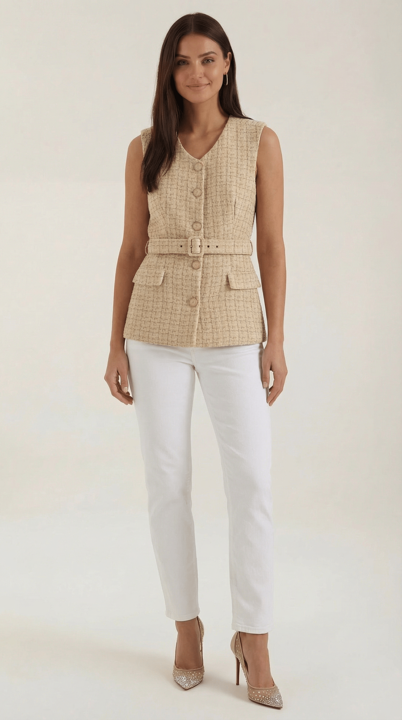 Tailored Beige Sleeveless Shirt-tops > sleeveless shirt-Laventaire-Laventaire