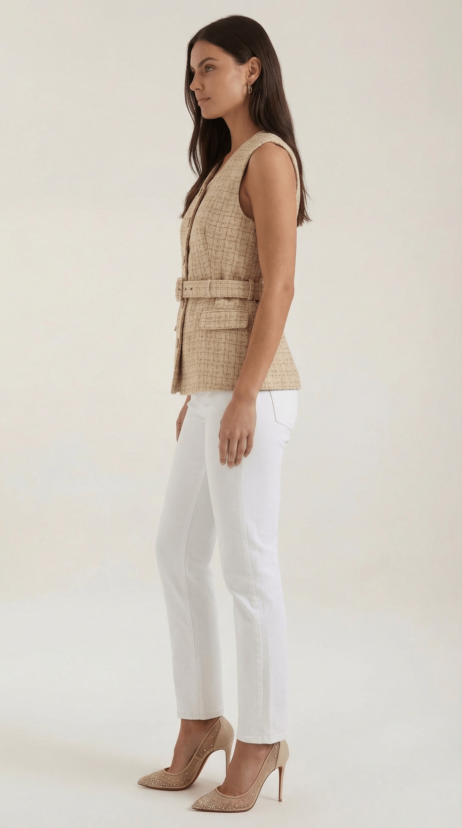 Tailored Beige Sleeveless Shirt-tops > sleeveless shirt-Laventaire-Laventaire