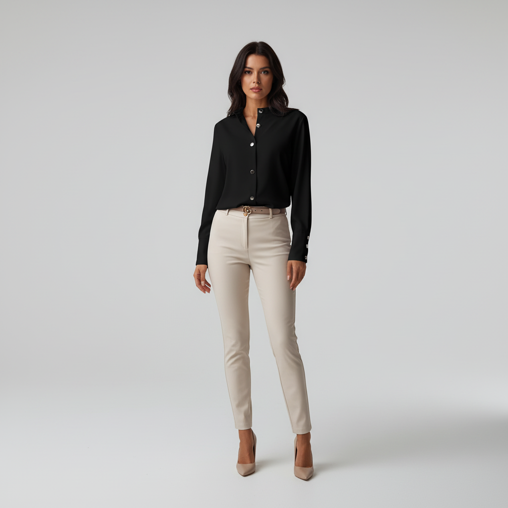 Tailored Front-Buttoned Blouse-tops > blouses > button-up blouses-Laventaire-Black-S-Laventaire