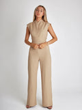 Tailored Wide Leg Jumpsuit-jumpsuits > wide leg jumpsuit-Laventaire-Khaki-S-Laventaire
