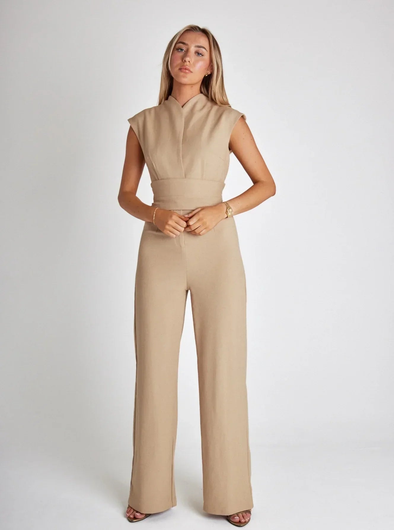 Tailored Wide Leg Jumpsuit-jumpsuits > wide leg jumpsuit-Laventaire-Khaki-S-Laventaire