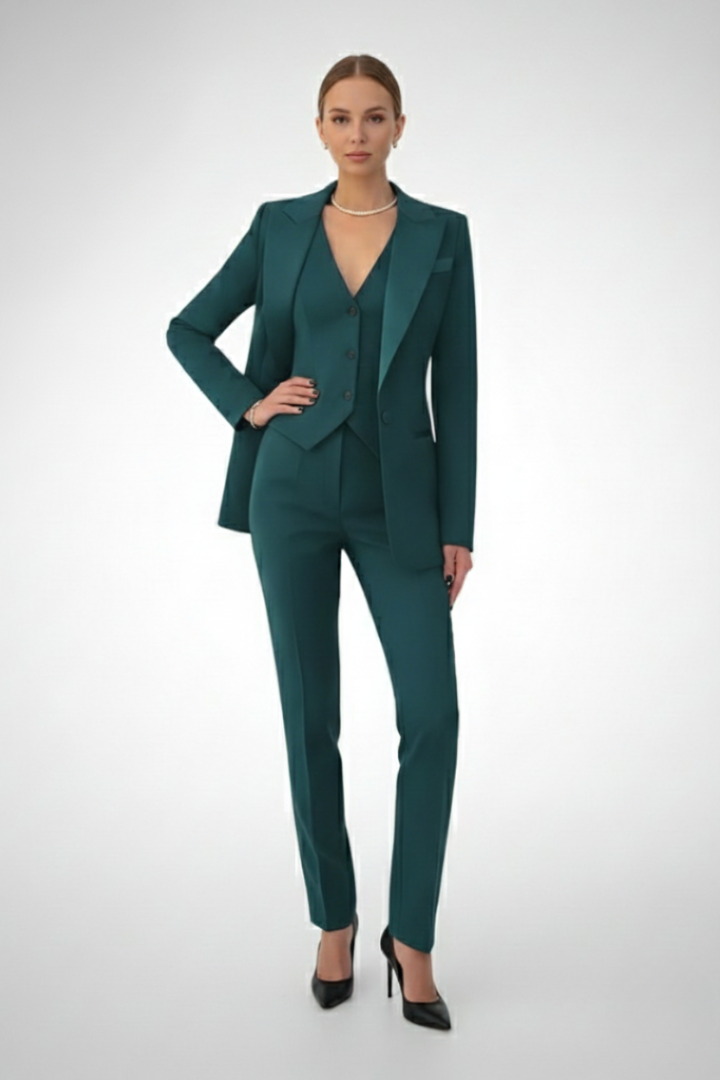 Three-Piece Set Blazer Trousers-suit sets > women's suit set-Laventaire-Dark Green-S-Laventaire