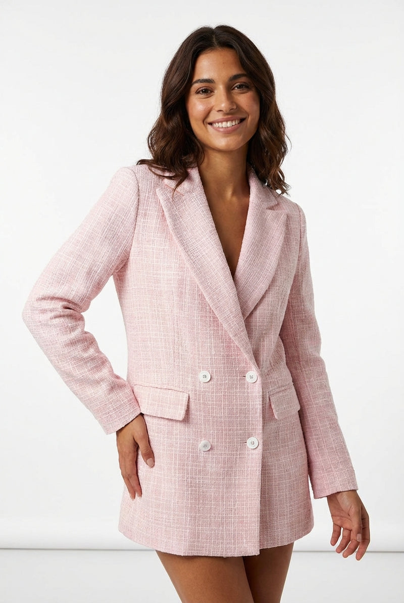 Tweed Blazer V-Neck-jackets > blazers-Laventaire-Pink-XS-Laventaire