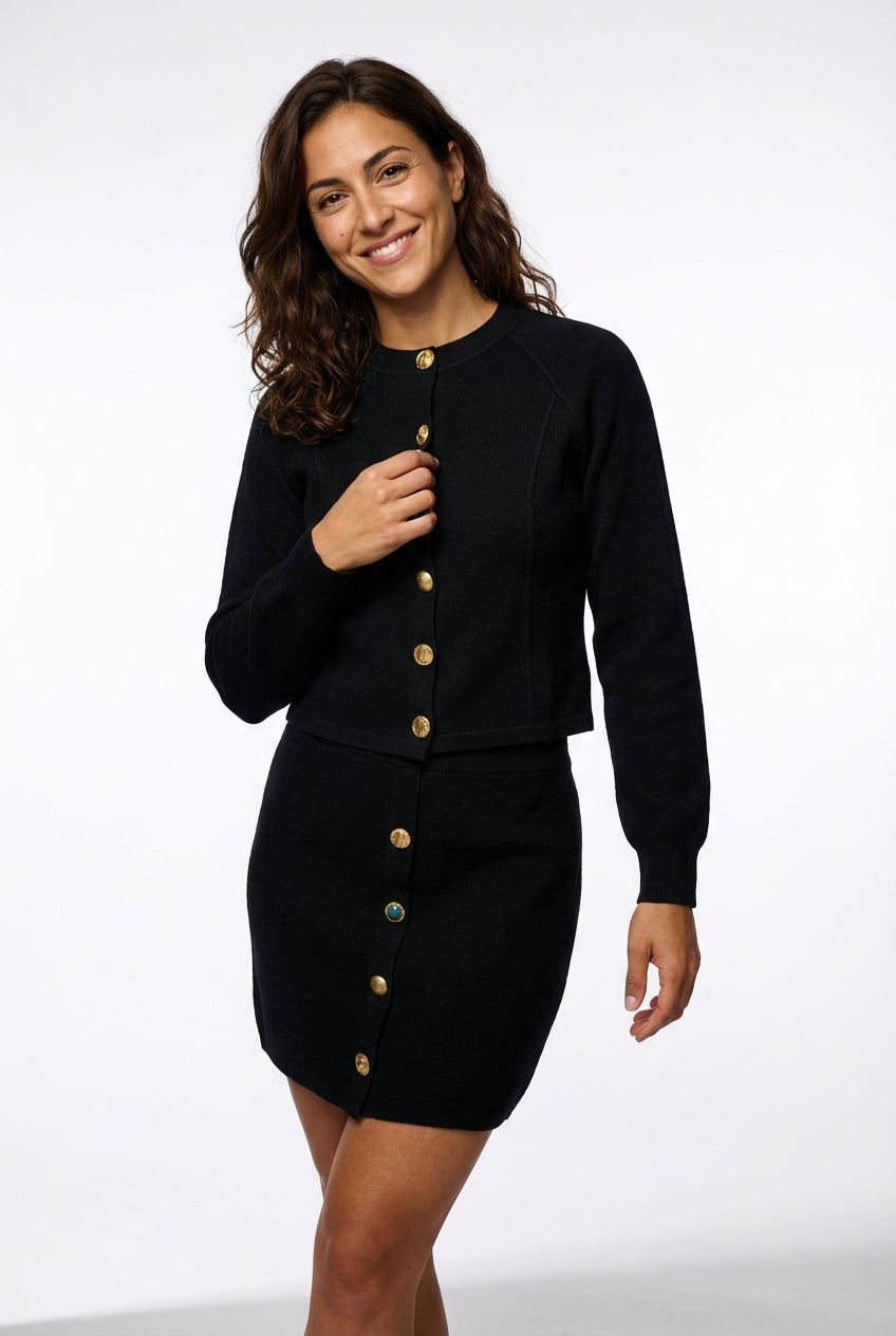 Two-Piece Set Cardigan Skirt-sets > cardigan skirt set-Laventaire-Black-S-Laventaire