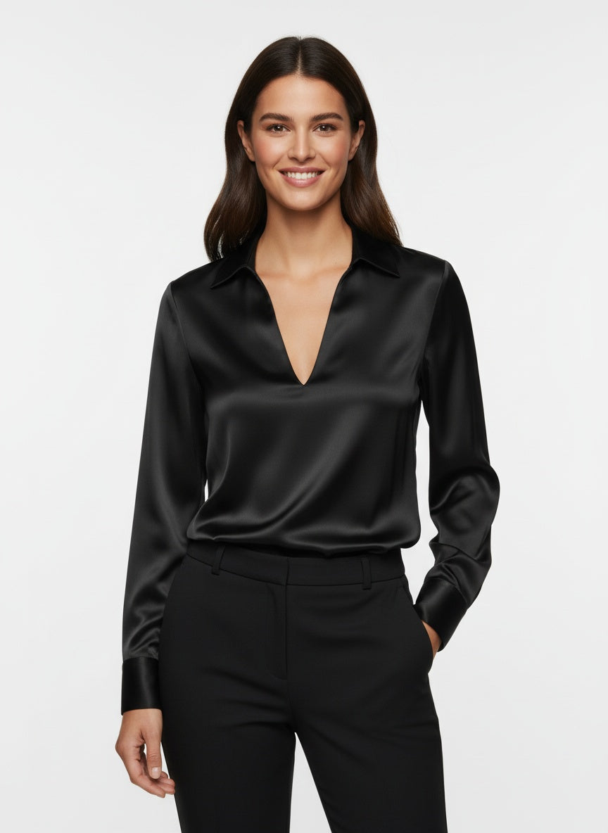 V-Neck Blouse Top-tops > blouses-Laventaire-Black-XS-Laventaire