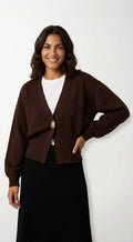 V-Neck Casual Cardigan-cardigans > casual cardigan-Laventaire-Dark Brown-S-Laventaire