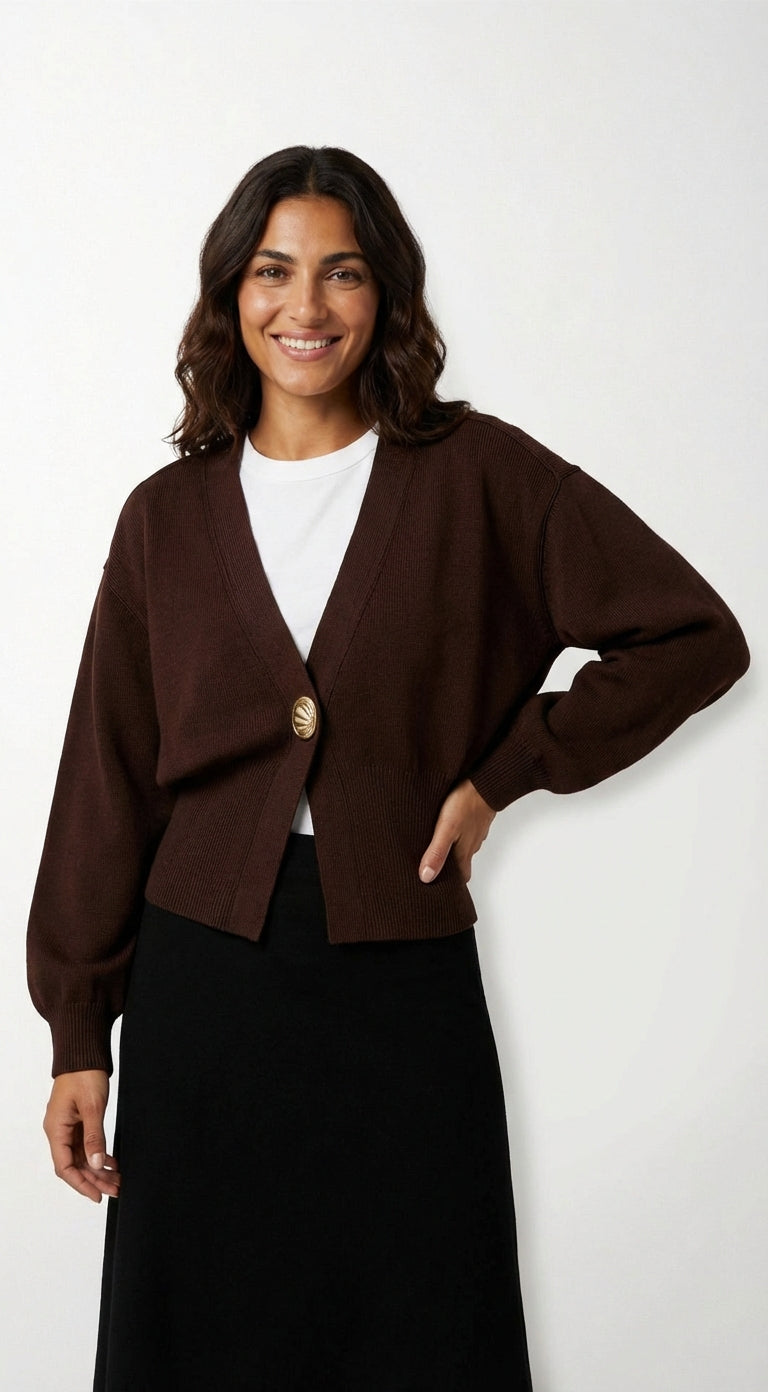 V-Neck Casual Cardigan-cardigans > casual cardigan-Laventaire-Dark Brown-S-Laventaire