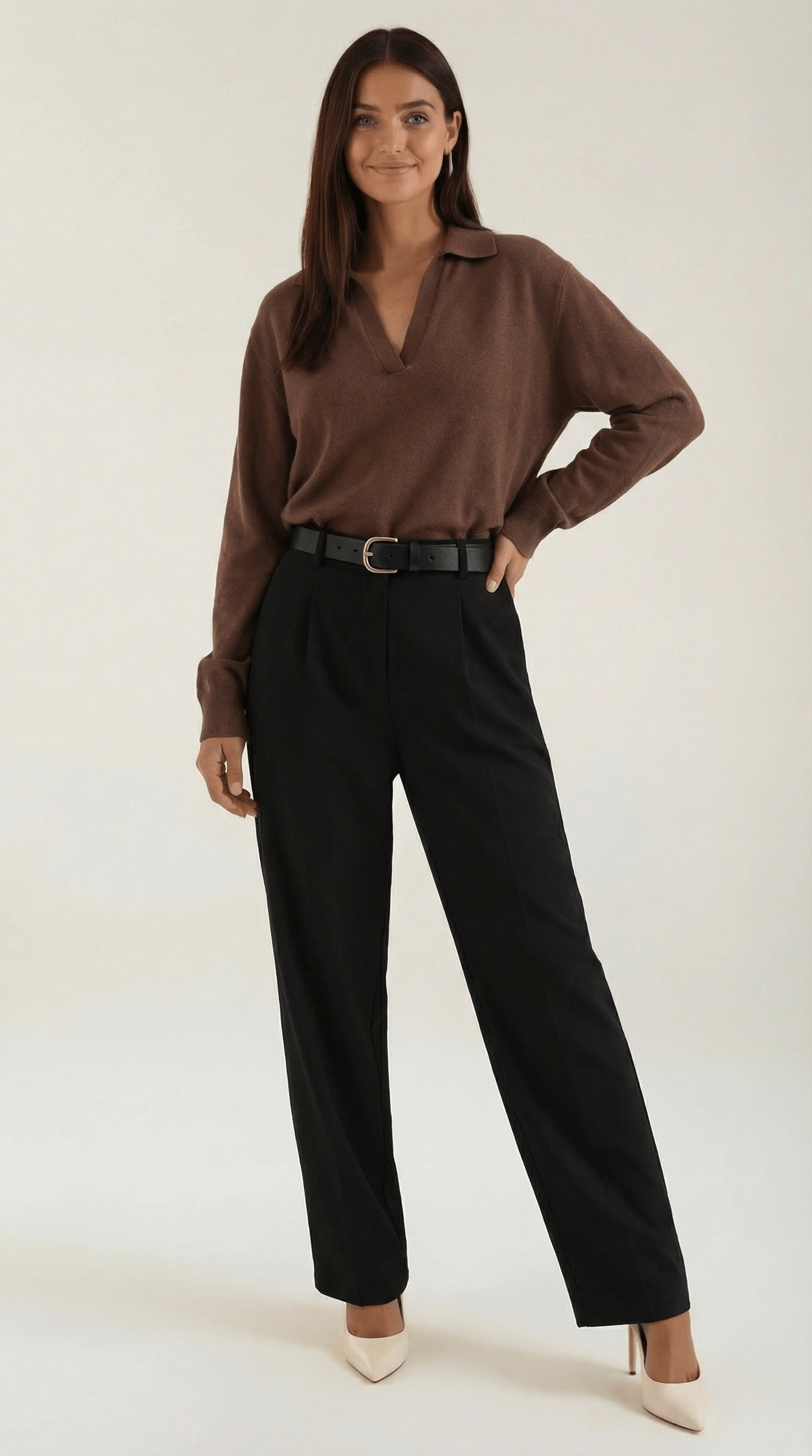 V-Neck Casual Sweater-sweaters > casual sweater-Laventaire-Brown-One size-Laventaire