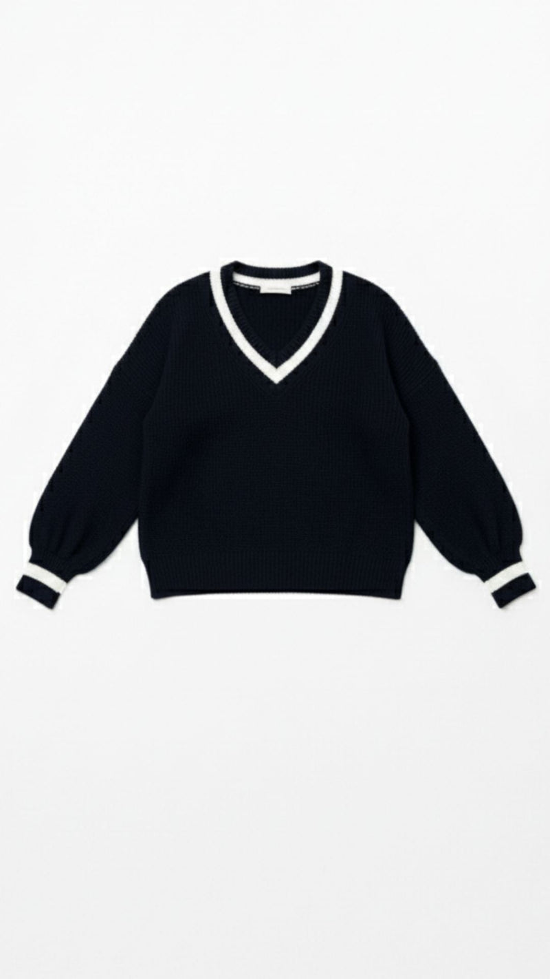 V-Neck Contrast Trim Sweater-sweaters > v-neck sweater-Laventaire-Laventaire