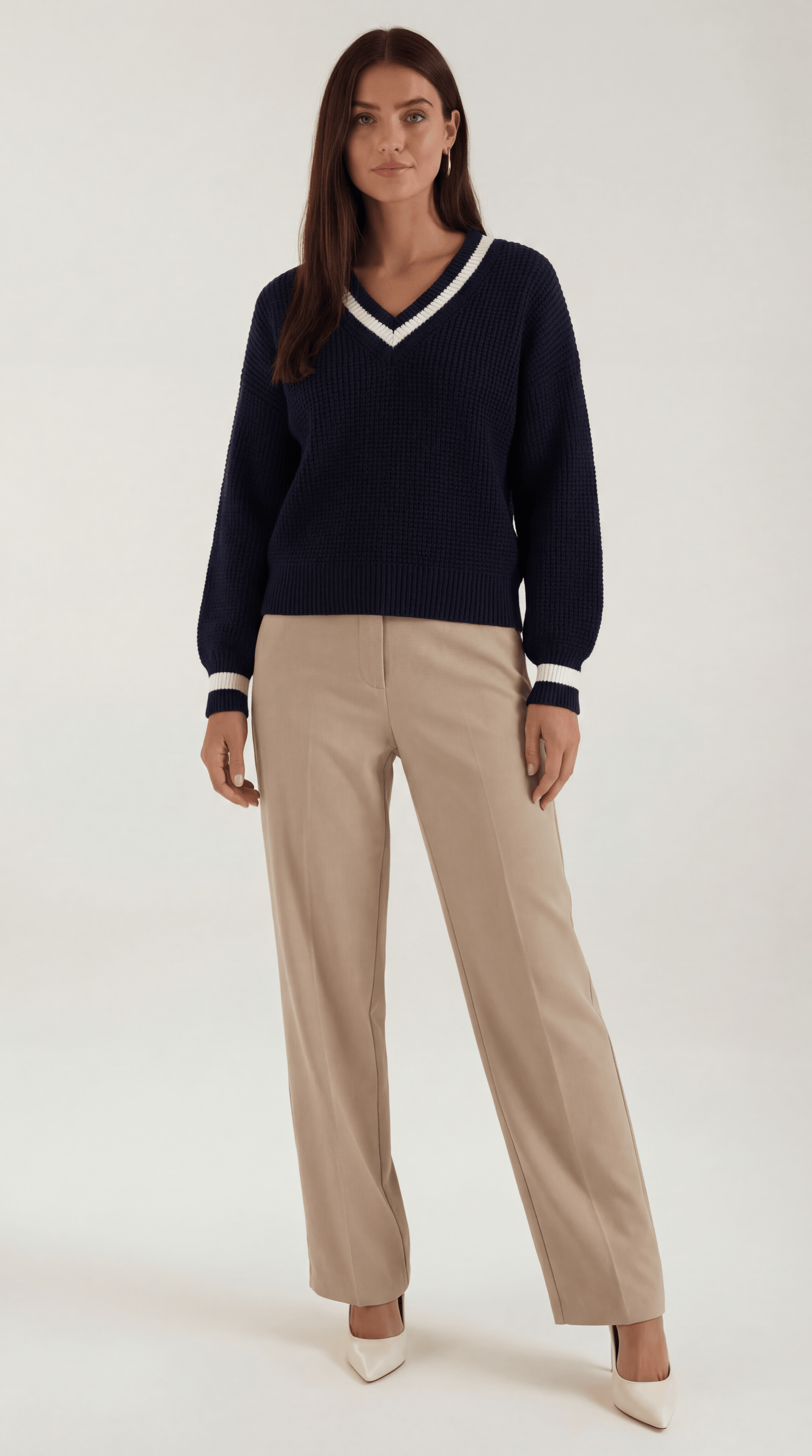 V-Neck Contrast Trim Sweater-sweaters > v-neck sweater-Laventaire-Laventaire