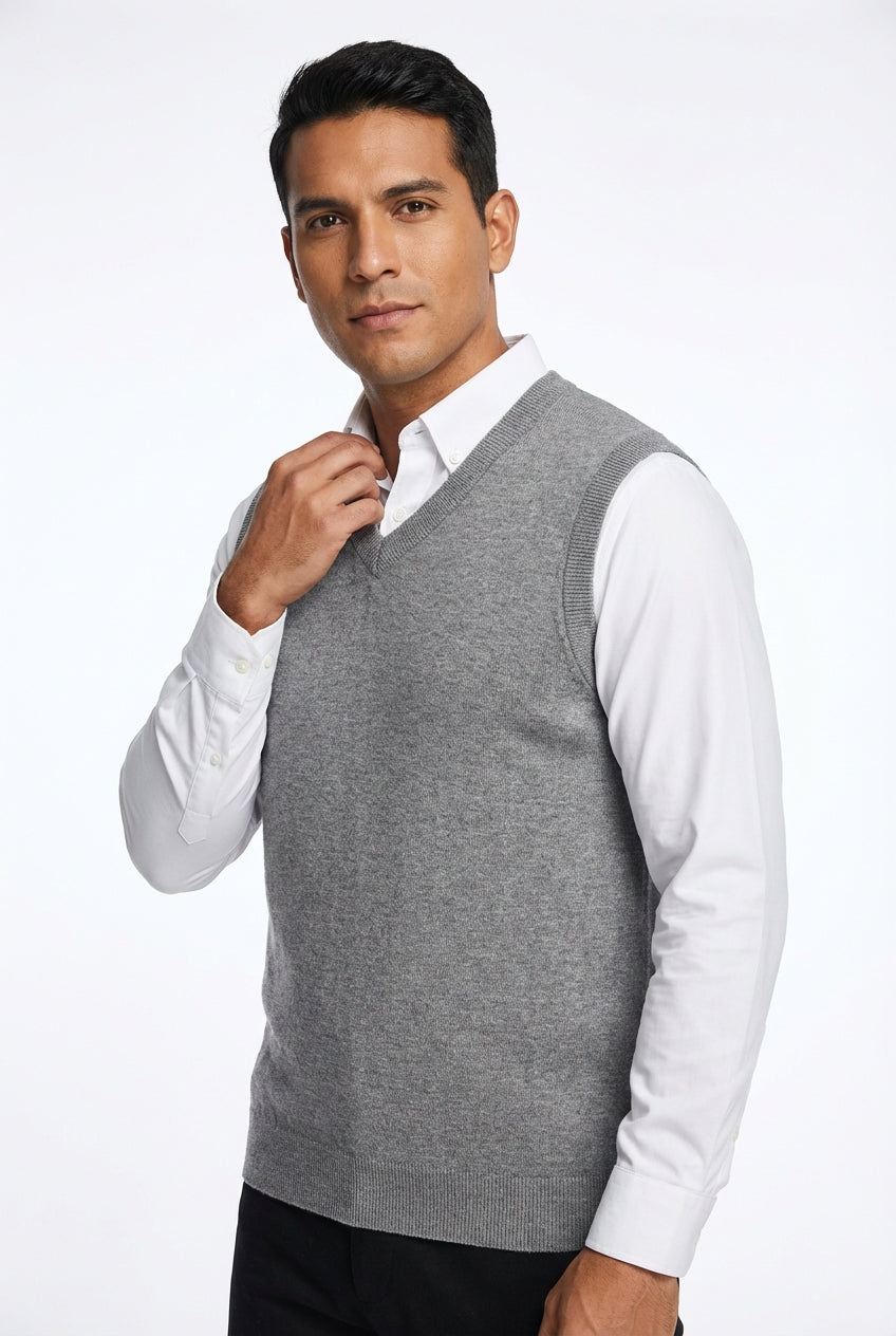 V-Neck Knit Vest-tops > vests-Laventaire-Light Gray-M-Laventaire