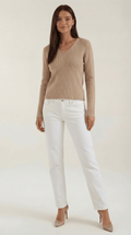 V-Neck Ribbed Sweater-sweaters > V-neck sweater-Laventaire-Beige-S-Laventaire