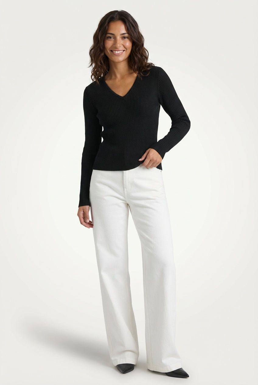 V-Neck Ribbed Sweater-sweaters > V-neck sweater-Laventaire-Black-S-Laventaire