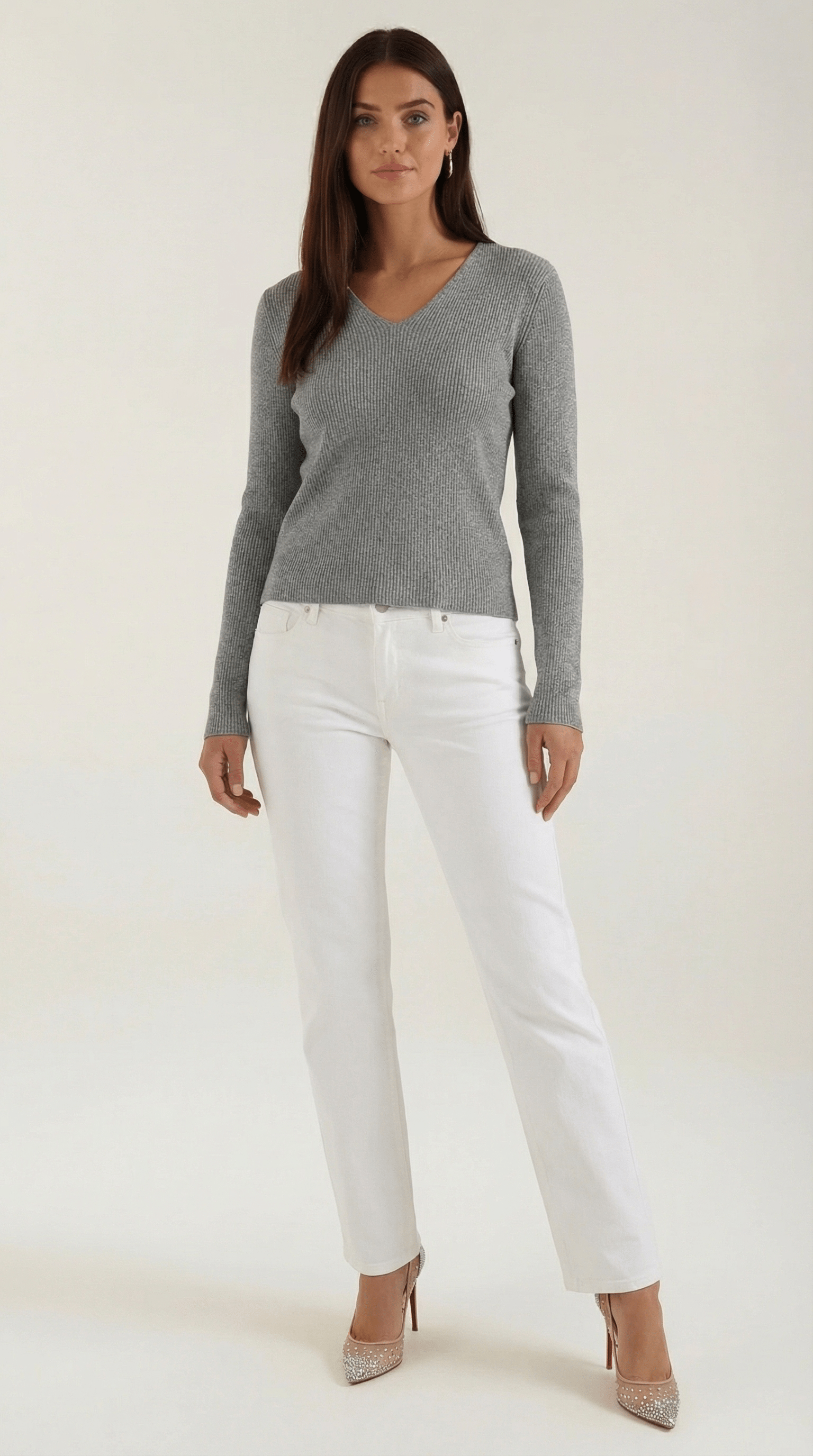V-Neck Ribbed Sweater-sweaters > V-neck sweater-Laventaire-Gray-S-Laventaire