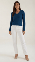 V-Neck Ribbed Sweater-sweaters > V-neck sweater-Laventaire-Navy Blue-S-Laventaire