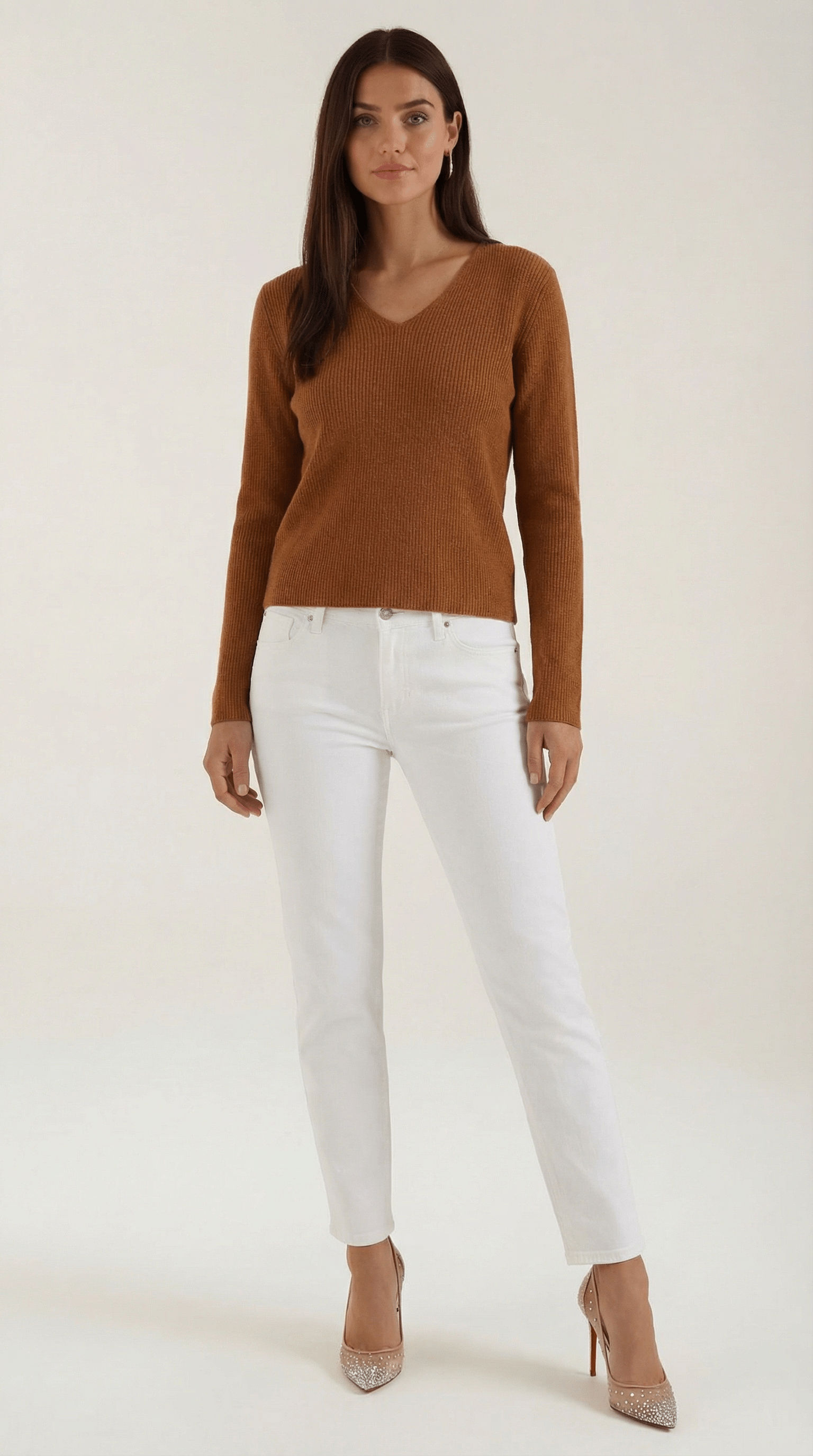 V-Neck Ribbed Sweater-sweaters > V-neck sweater-Laventaire-Rust Brown-S-Laventaire