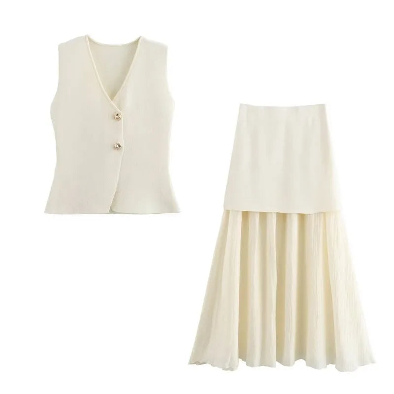 Vest Skirt Set Outfit-sets > vest skirt set-Laventaire-Cream Suit-S-Laventaire