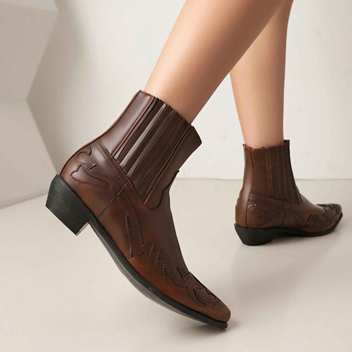 Western Cowboy Ankle Boots-footwear > boots > ankle boots-Laventaire-Laventaire