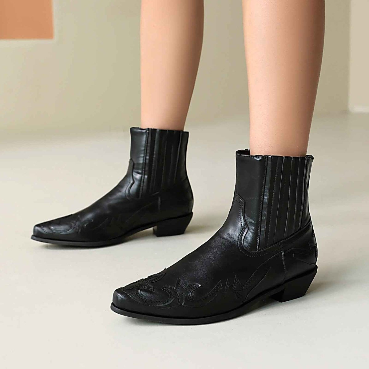 Western Cowboy Ankle Boots-footwear > boots > ankle boots-Laventaire-Black-35-Laventaire