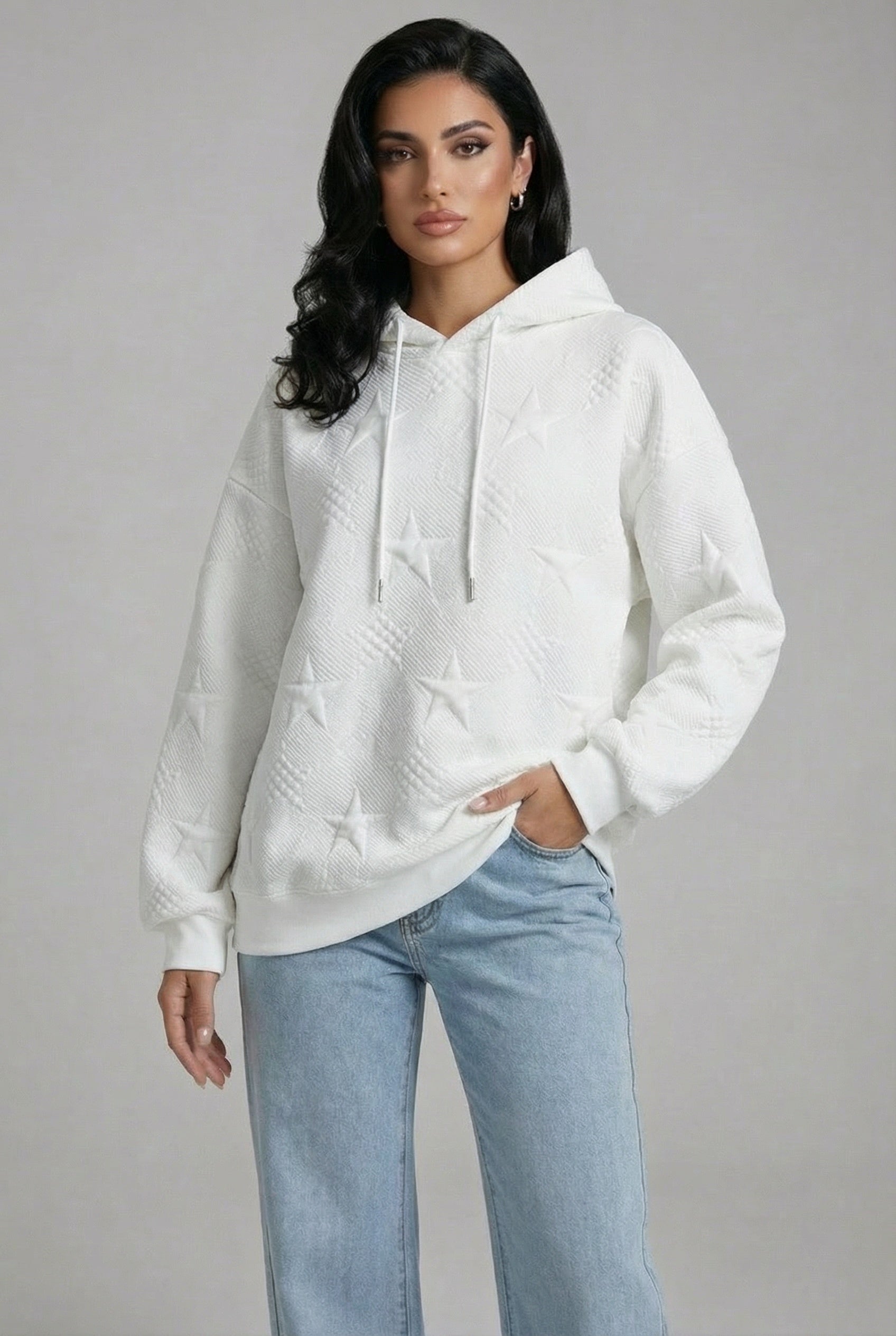 White Pullover Star Hoodie-hoodies > relaxed fit hoodie-Laventaire-White-S-Laventaire