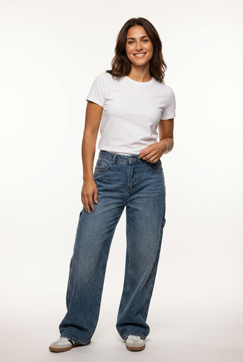 Wide Leg Casual Denim Jeans-jeans > fitted jeans-Laventaire-Dark Denim-S-Laventaire