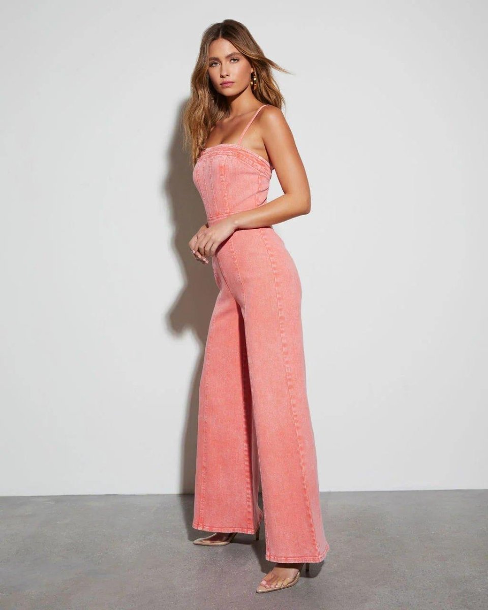 Wide Leg Denim Jumpsuit-jumpsuits > denim jumpsuit-Laventaire-Laventaire