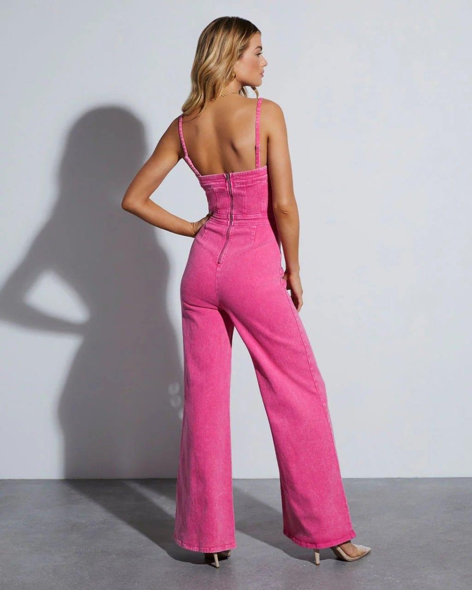 Wide Leg Denim Jumpsuit-jumpsuits > denim jumpsuit-Laventaire-Laventaire