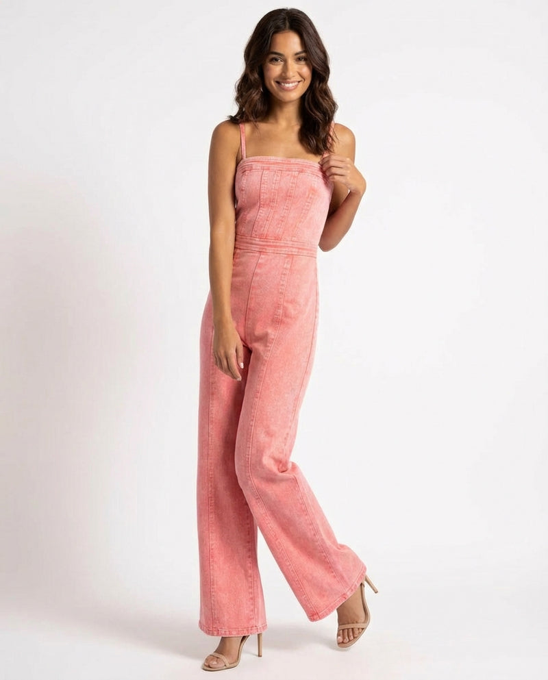 Wide Leg Denim Jumpsuit-jumpsuits > denim jumpsuit-Laventaire-Coral-S-Laventaire