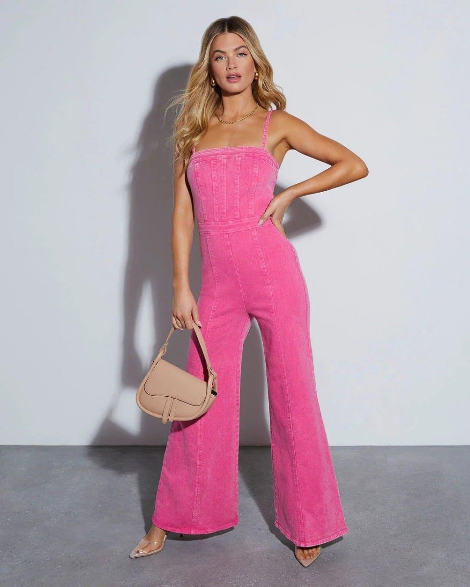 Wide Leg Denim Jumpsuit-jumpsuits > denim jumpsuit-Laventaire-Deep Pink-S-Laventaire