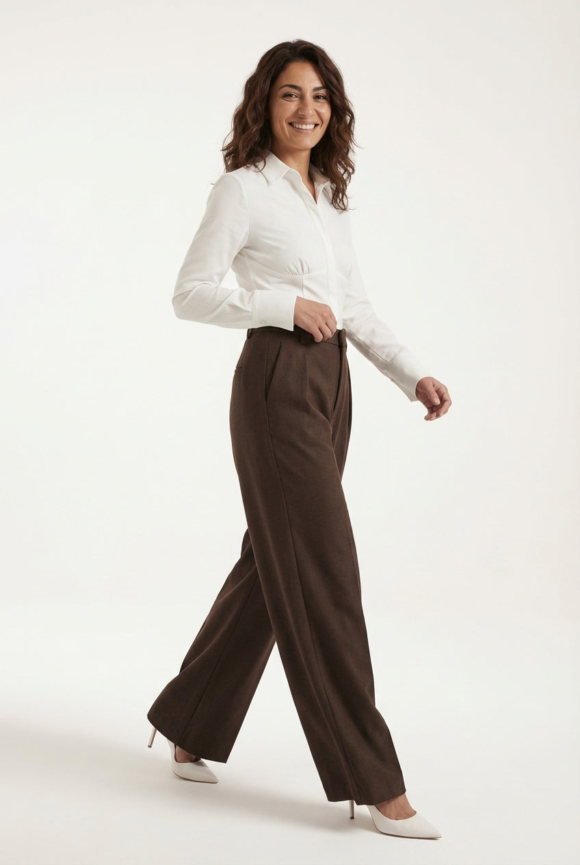 Wide Leg High Rise Trousers-trousers > wide leg trousers-Laventaire-Dark Brown-S-Laventaire