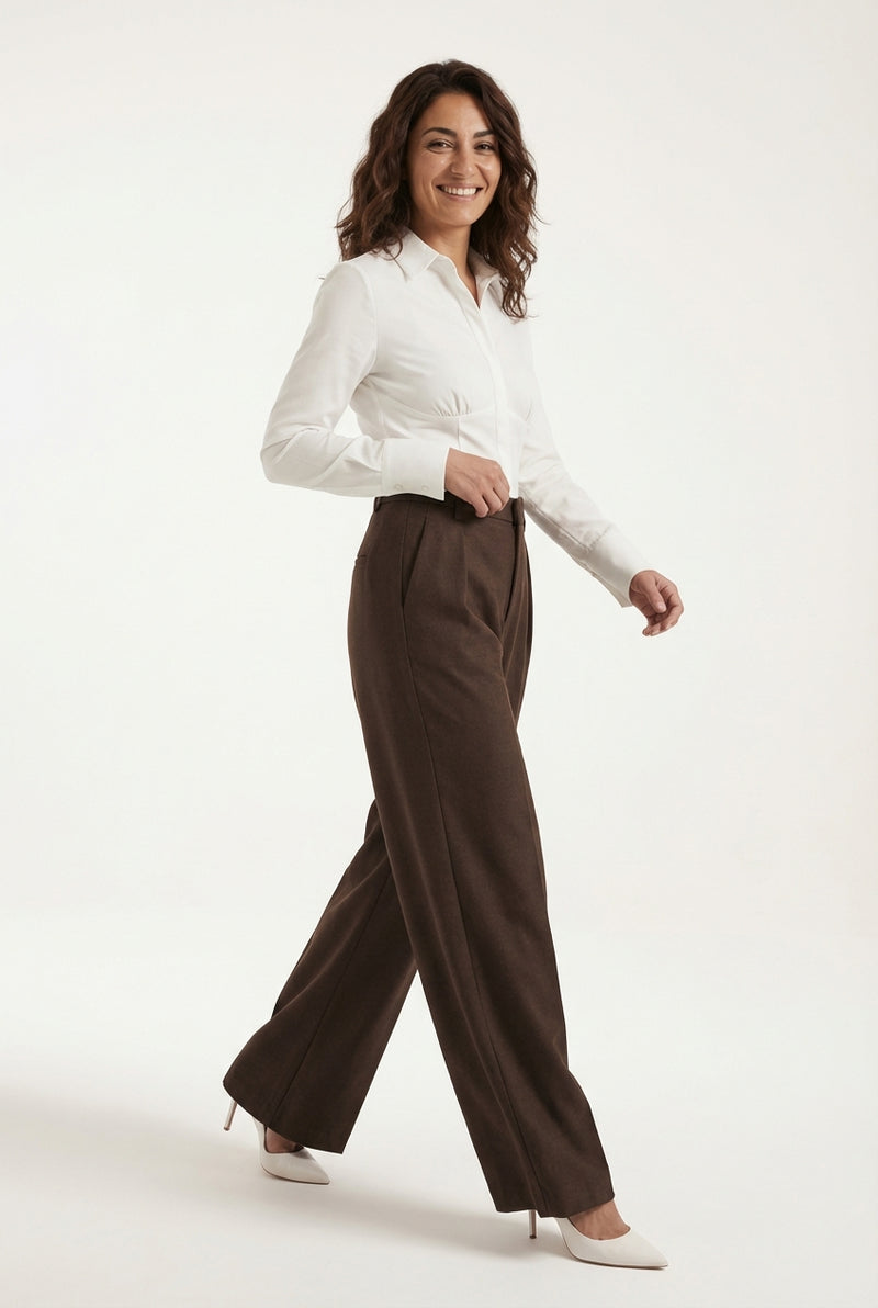 Wide Leg High Rise Trousers-trousers > wide leg trousers-Laventaire-Dark Brown-S-Laventaire