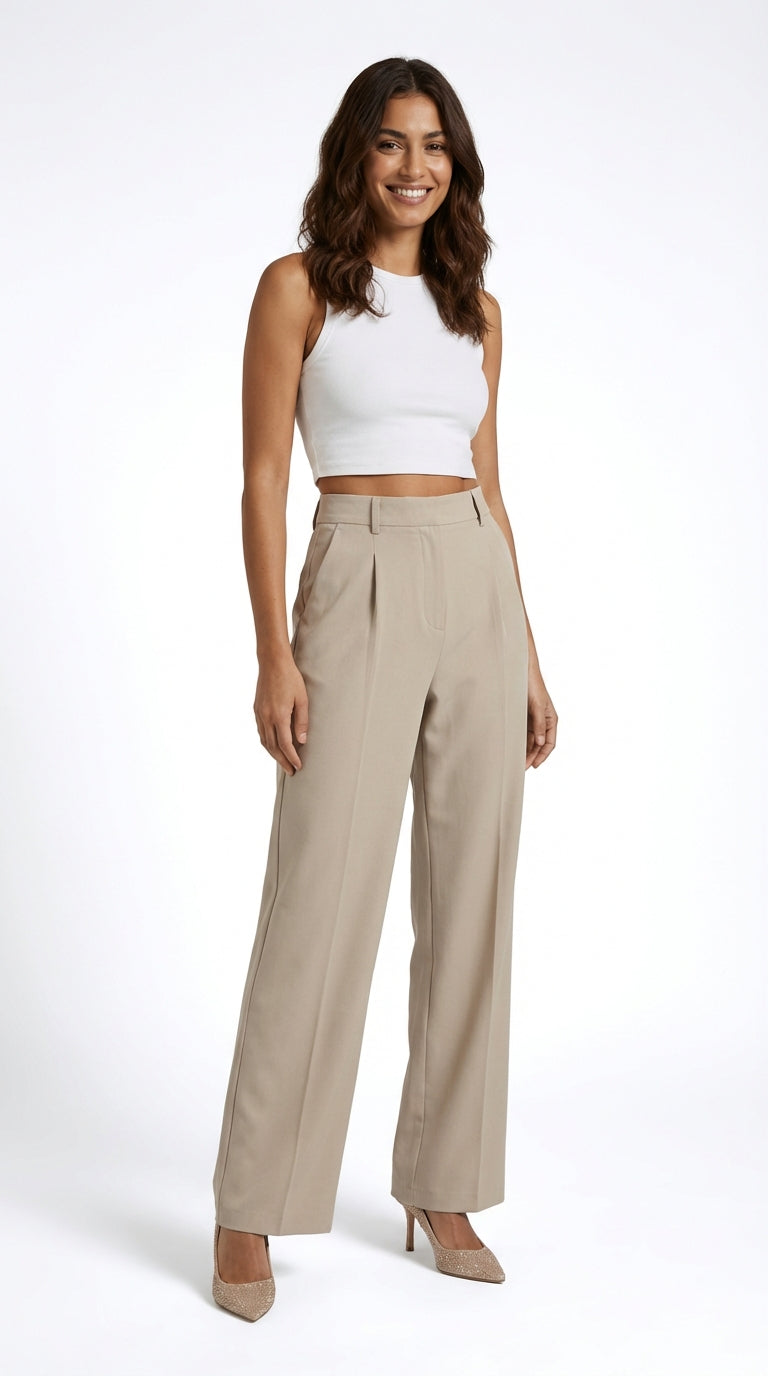 Wide Leg High Waist Trousers-trousers > wide leg trousers-Laventaire-Beige-XS-Laventaire