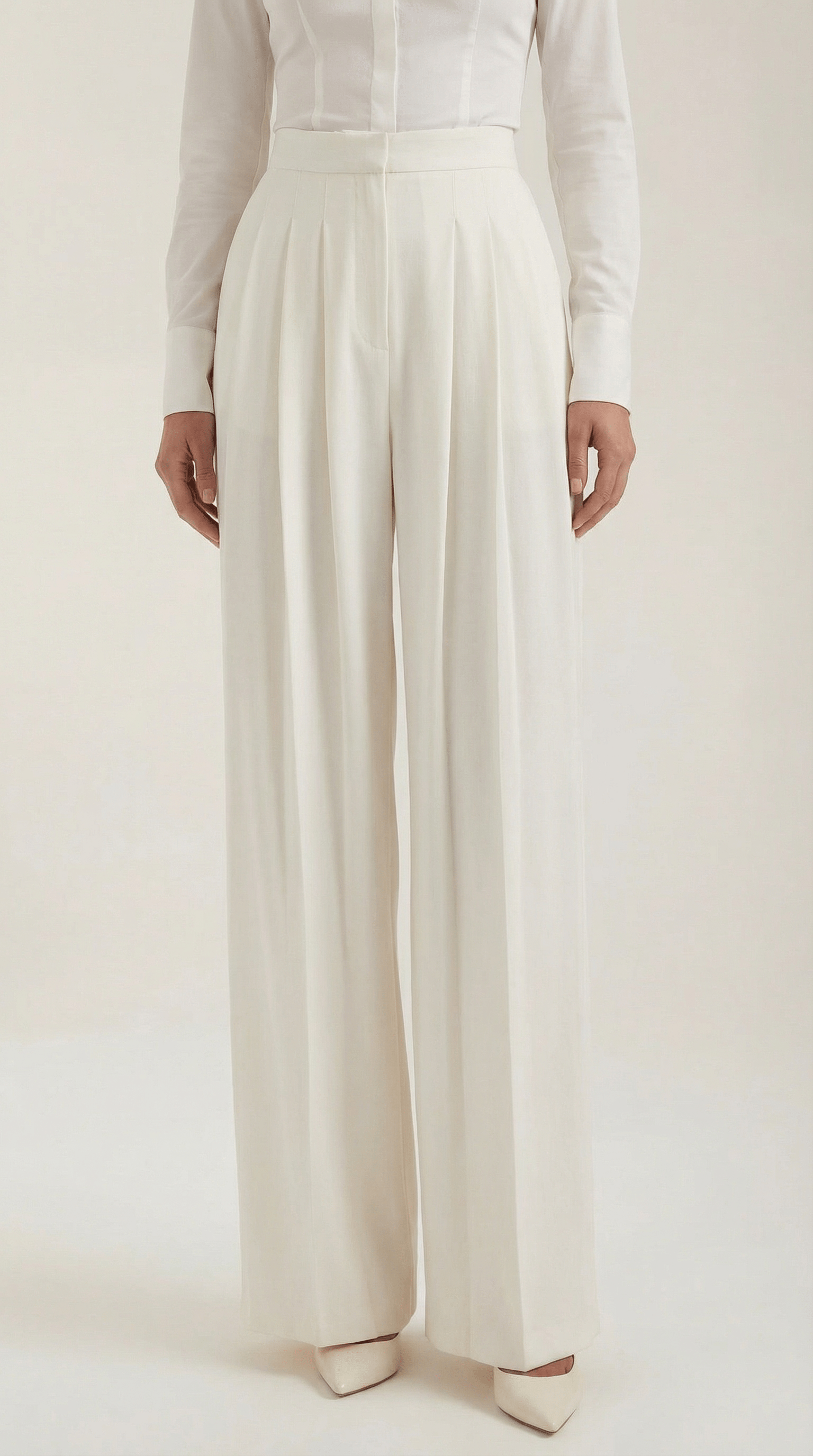 Wide Leg Pleated Pants White-trousers > wide leg trousers-Laventaire-Laventaire