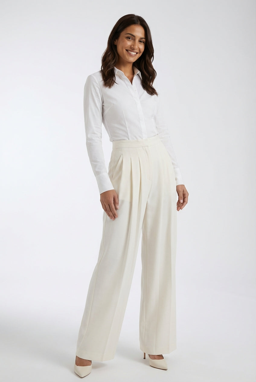 Wide Leg Pleated Pants White-trousers > wide leg trousers-Laventaire-Off White-S-Laventaire