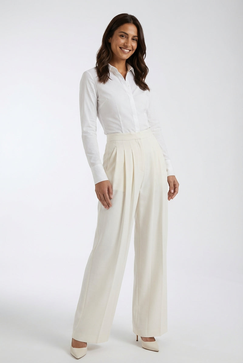 Wide Leg Pleated Pants White-trousers > wide leg trousers-Laventaire-Off White-S-Laventaire