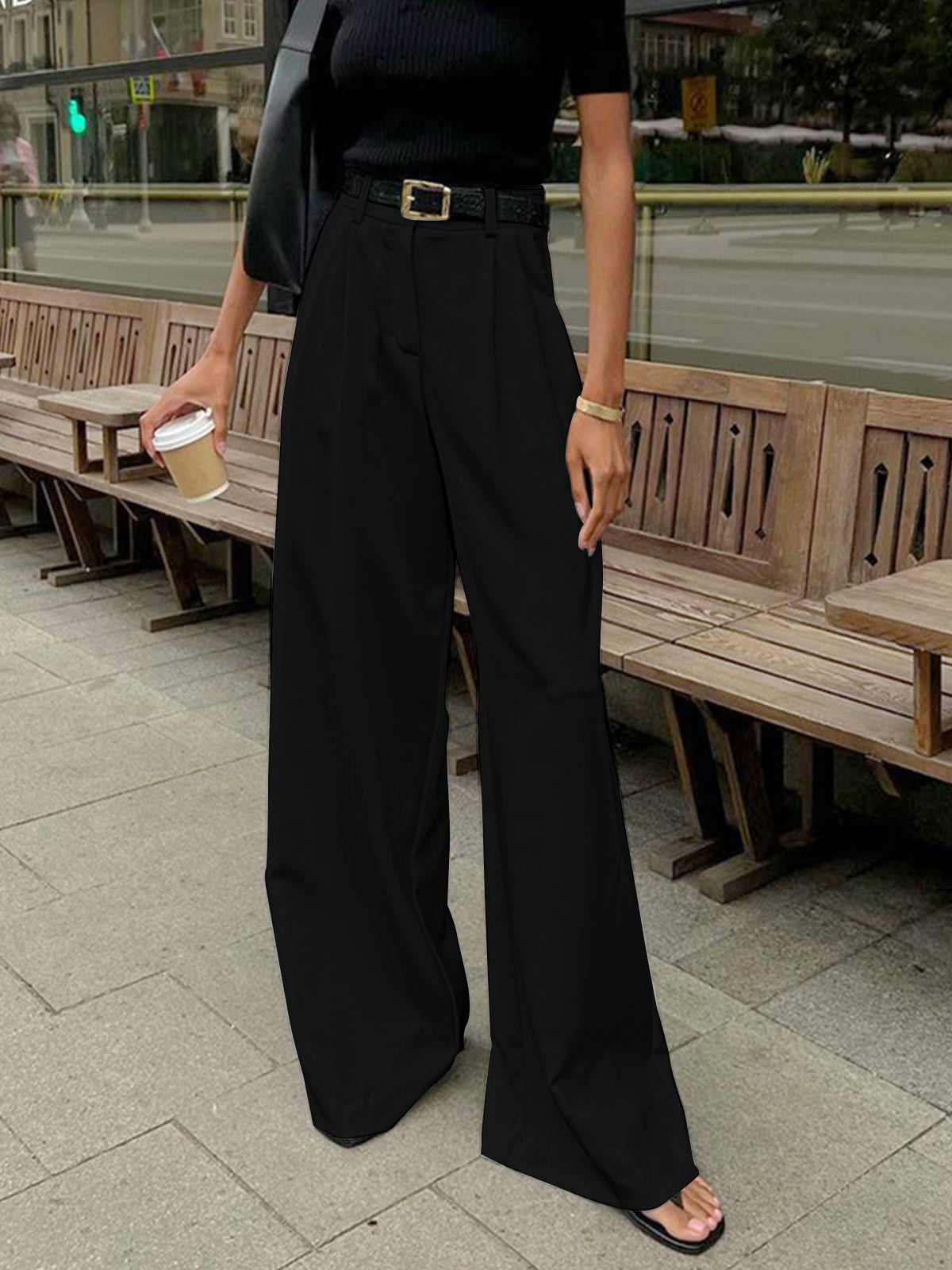 Wide Leg Tailored Pants-pants > wide leg pants > tailored pants-Laventaire-Black-XS-Laventaire