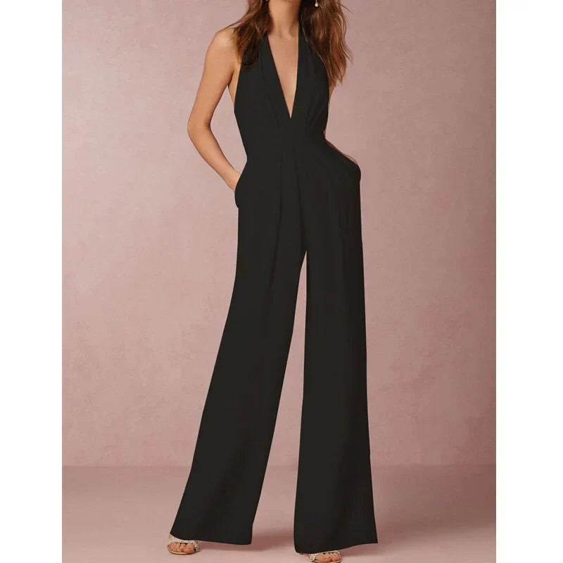 Wide-Leg V-Neck Jumpsuit-jumpsuits > wide leg jumpsuit-Laventaire-Laventaire