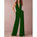 Wide-Leg V-Neck Jumpsuit-jumpsuits > wide leg jumpsuit-Laventaire-Dark Green-S-Laventaire