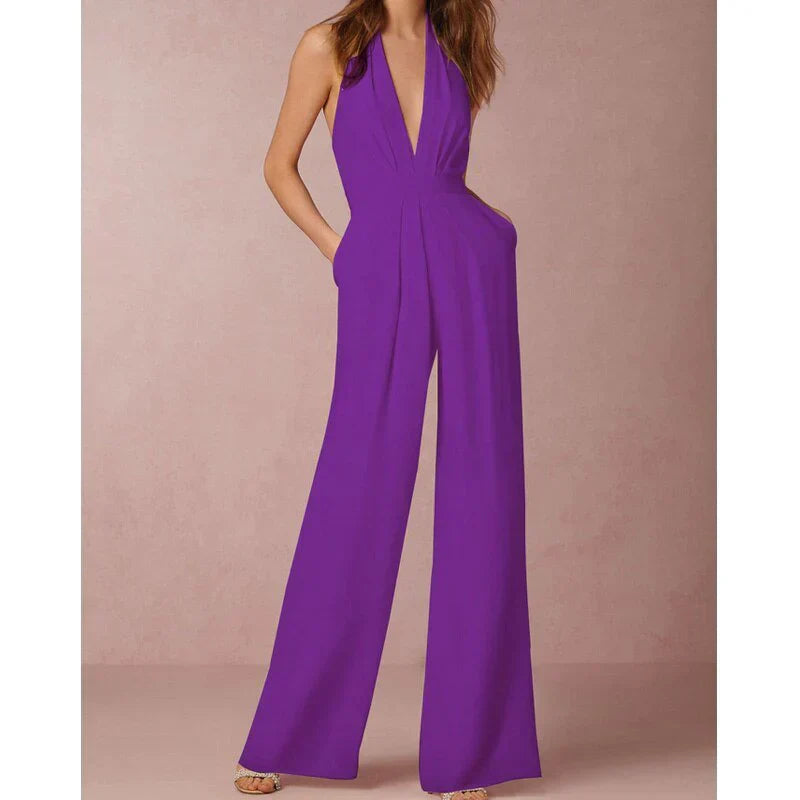 Wide-Leg V-Neck Jumpsuit-jumpsuits > wide leg jumpsuit-Laventaire-Purple-S-Laventaire