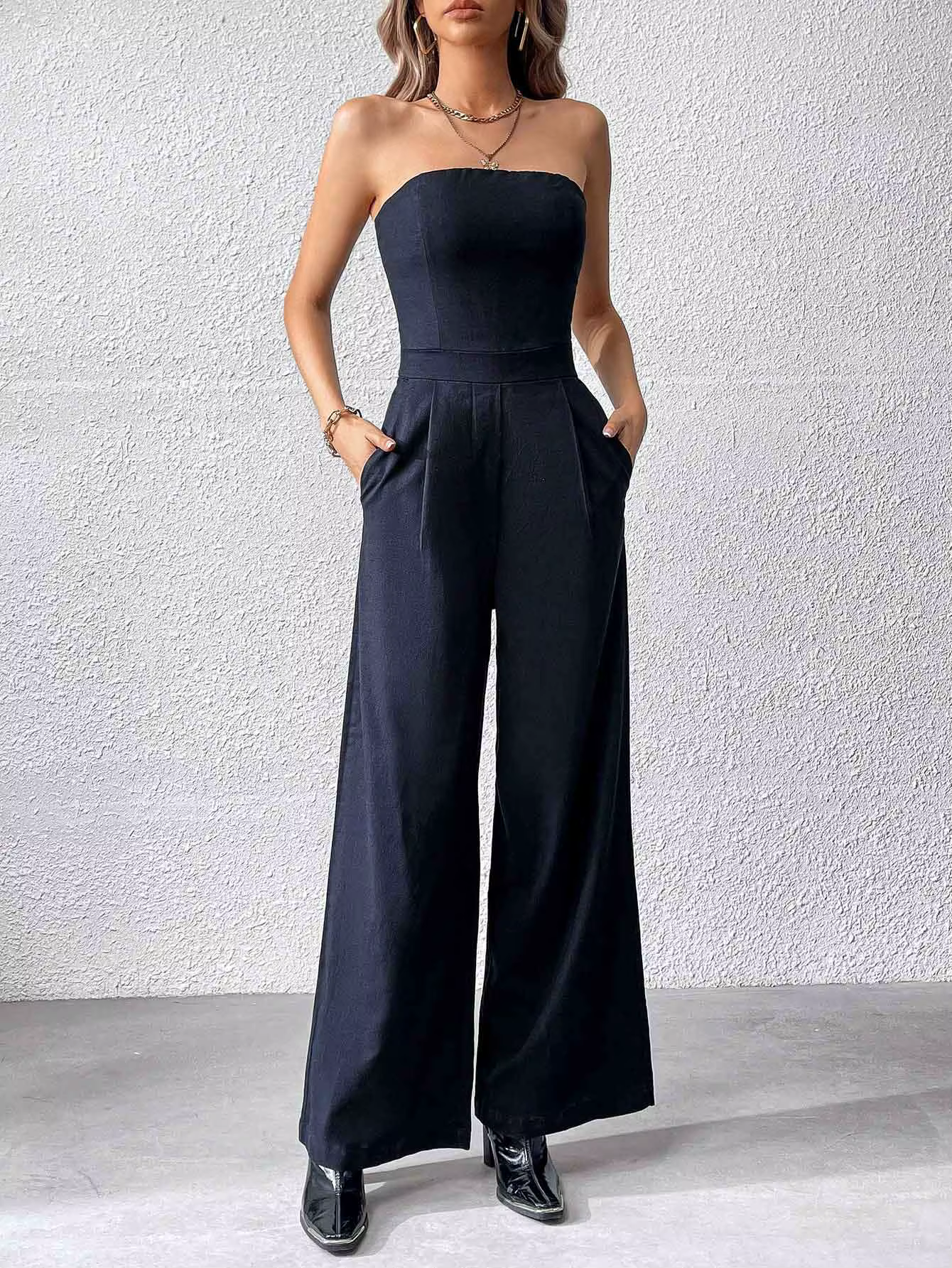 Wide leg Strapless Jumpsuit-jumpsuits > wide leg jumpsuit-Laventaire-Laventaire