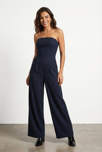 Wide leg Strapless Jumpsuit-jumpsuits > wide leg jumpsuit-Laventaire-Navy Blue-S-Laventaire