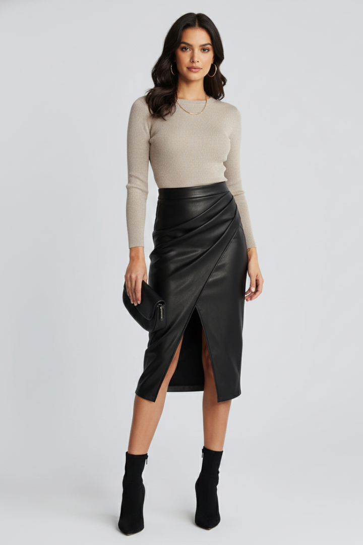 Wrap Midi Skirt with Split-Midi Skirts-Laventaire-Black-S-Laventaire