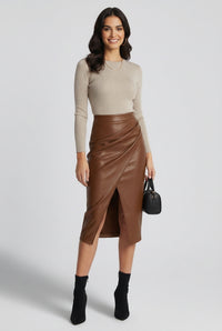 Wrap Midi Skirt with Split-Midi Skirts-Laventaire-Brown-S-Laventaire